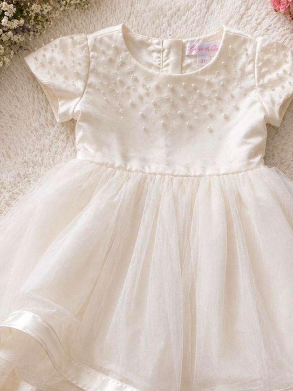 0-3mo White Pearls and Cream Dress